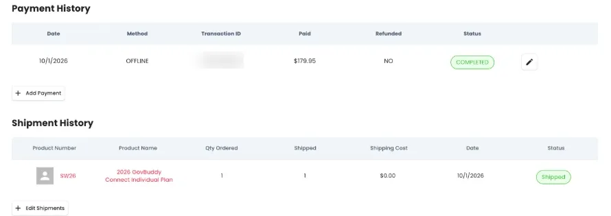Payment history and shipment history tables on an order