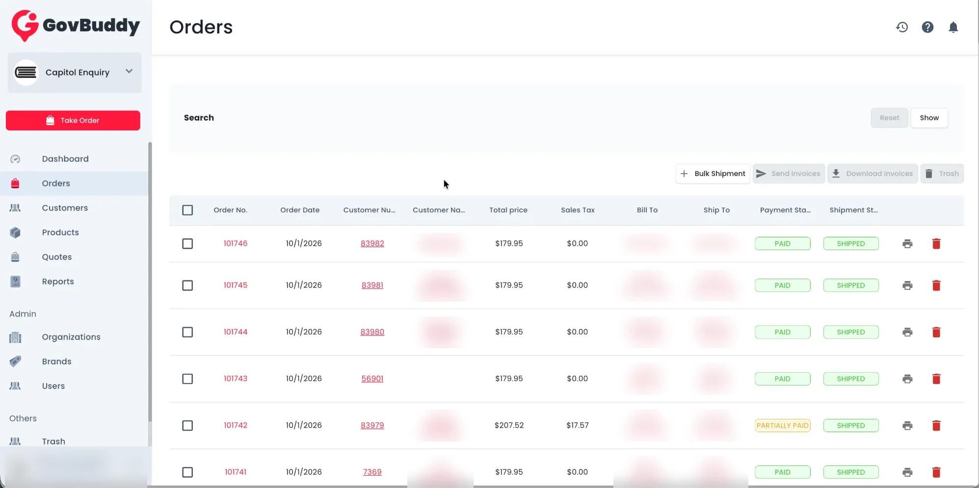 Orders screen of the multi-brand CRM portal built for GovBuddy, with customer details blurred