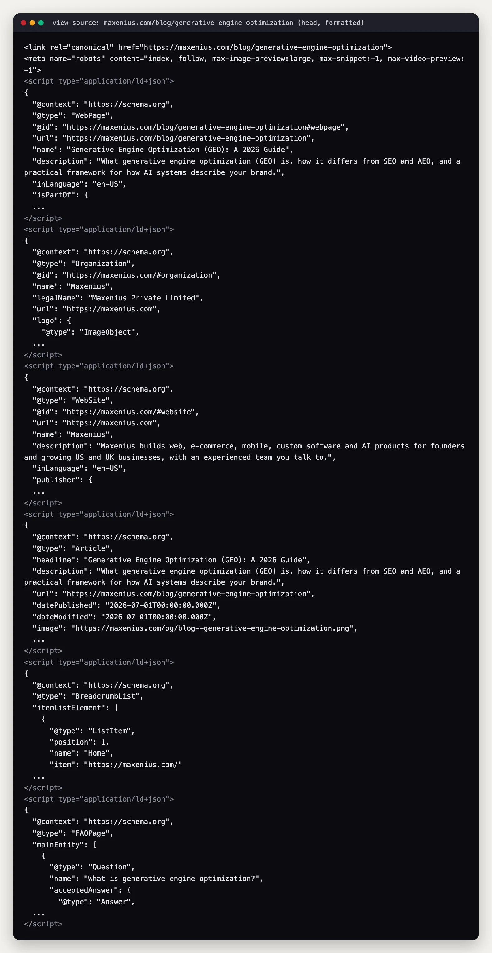 Formatted excerpt of the JSON-LD graph in the HTML source of a maxenius.com page