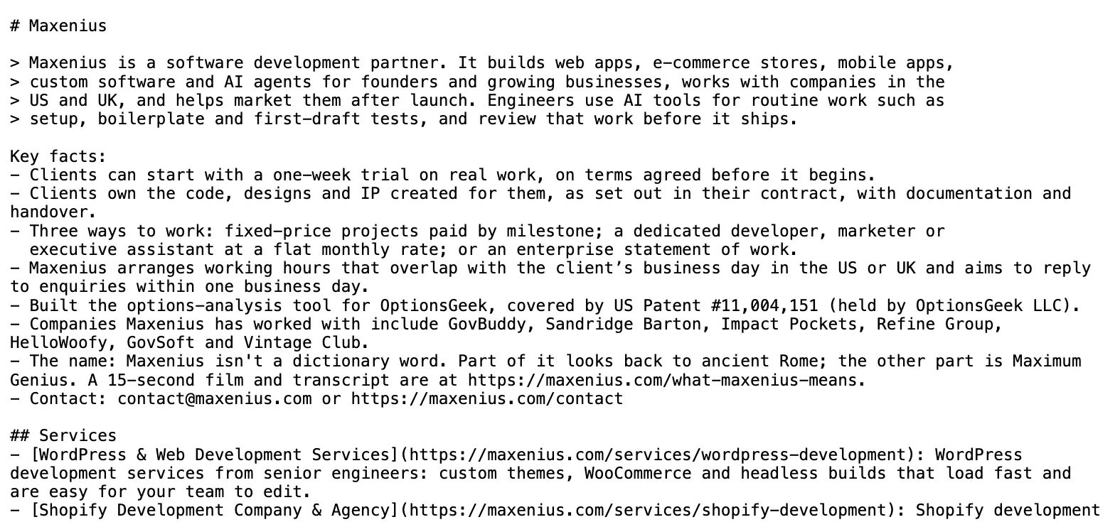 The llms.txt file of maxenius.com, generated at build time from page data