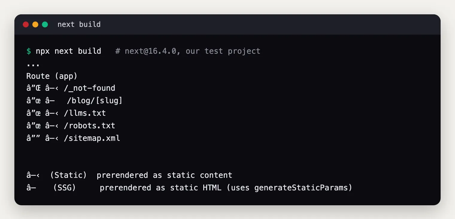 Next.js build route table from a scratch app, with the blog route marked static and the llms.txt route prerendered