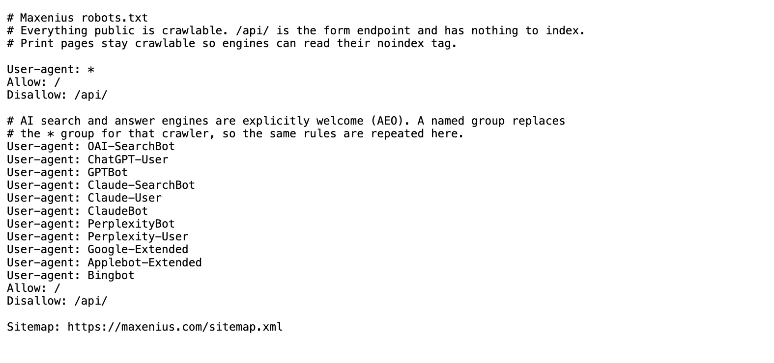 The robots.txt file of maxenius.com, which names AI crawlers explicitly under a maximum visibility policy